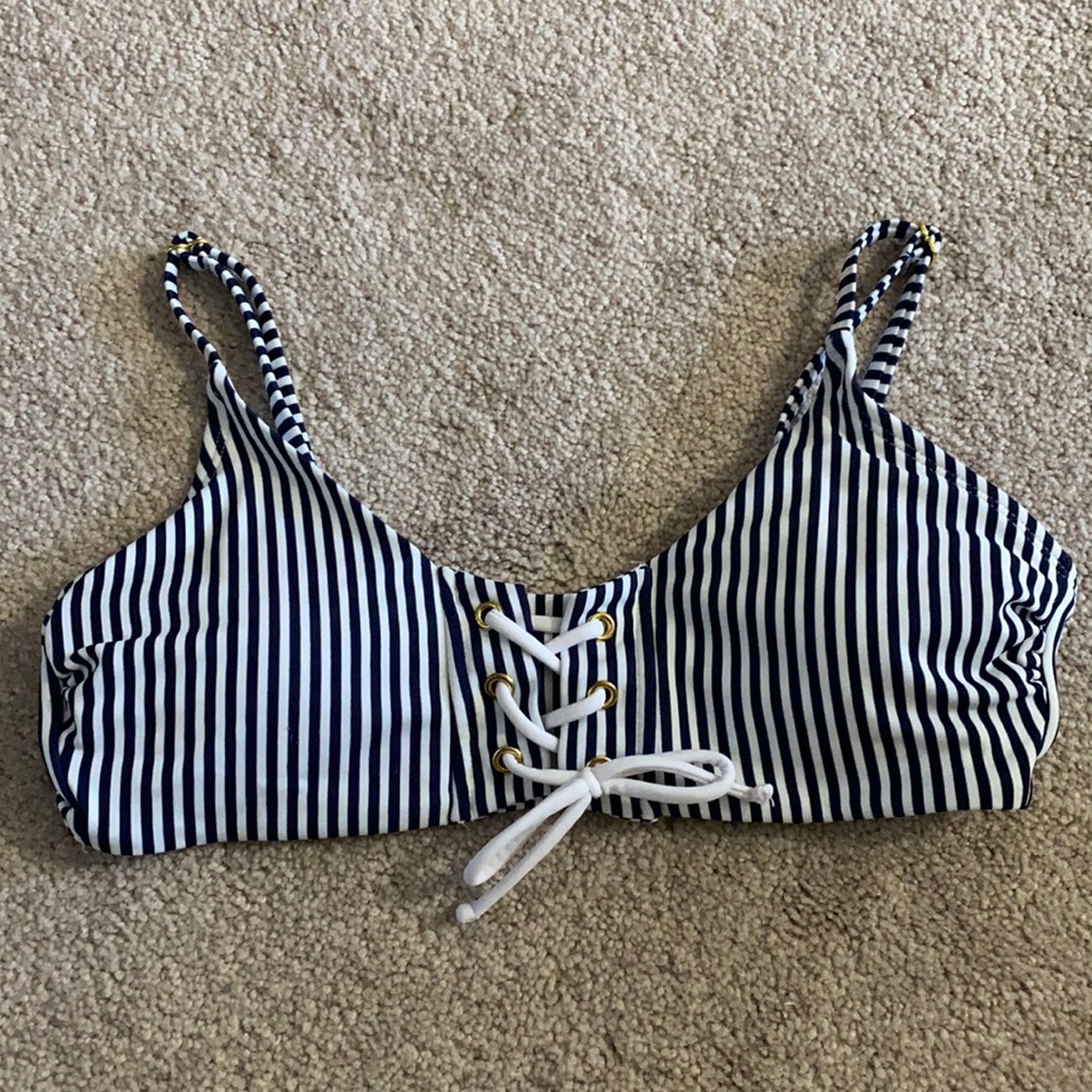 navy and white tie striped bikini top
